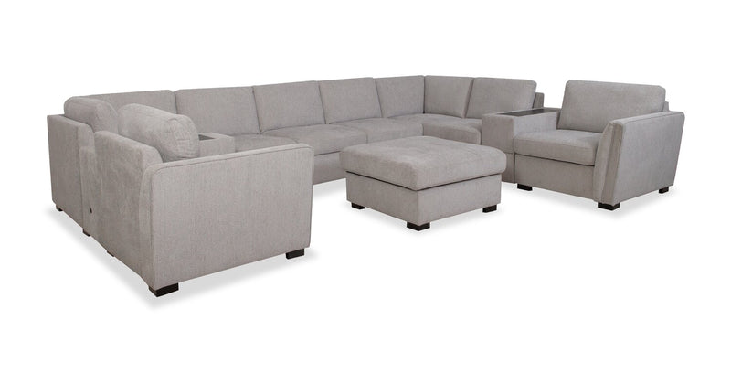 Sofa sectionnel Vault 9 pièces avec causeuse-lit, 4 fauteuils de rangement et console de rangement avec USB - gris