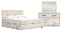 Ensemble de chambre à coucher Derekson 5 pièces blanc rustique avec lit de rangement latéral, commode et miroir - format très grand lit