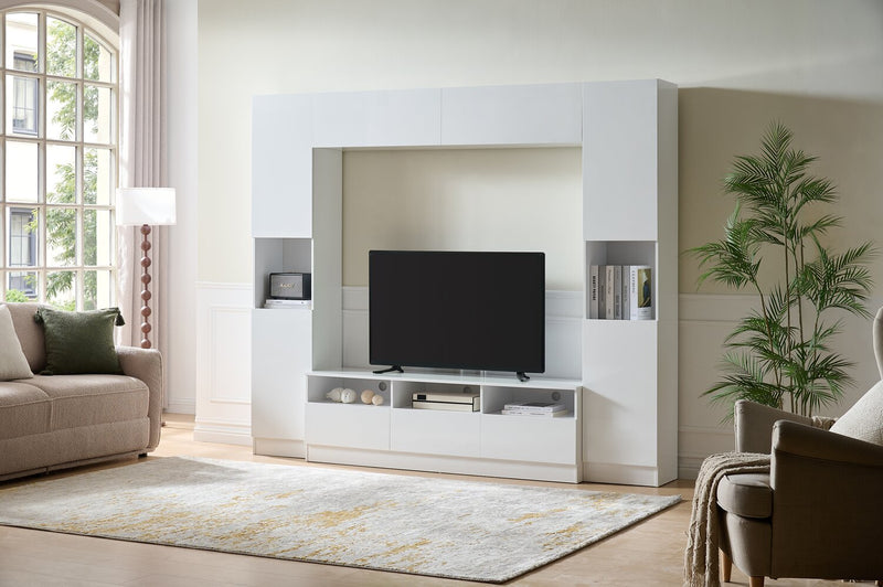 Meuble audio-vidéo Celine de 94.5 po 4 pièces avec rangement et système de gestion des câbles pour téléviseurs de jusqu’à 70 po - blanc