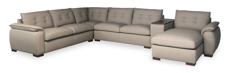 Sofa sectionnel modulaire de droite Raya 5 pièces en cuir véritable avec console de rangement et pattes en bois - beige pierre