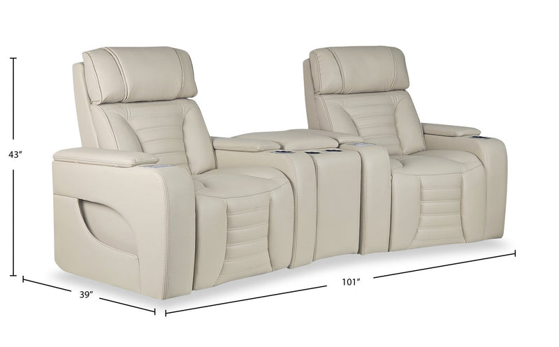 Sofa sectionnel à inclinaison électrique Zen 3 pièces de style cinéma maison en tissu d’apparence cuir avec massage et console de rangement - abricot