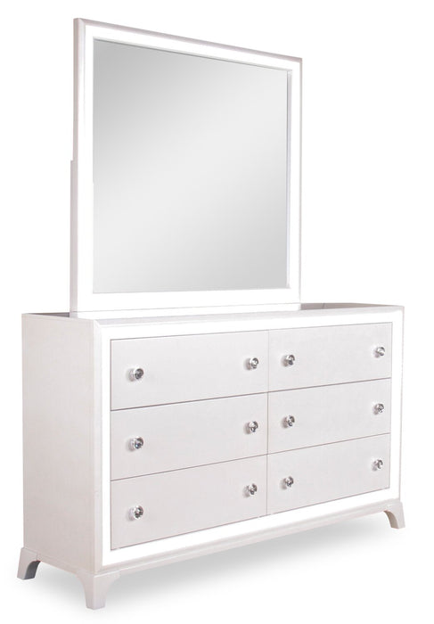 Commode somptueuse Halo de 58 po (l) x 35 po (H) à 6 tiroirs avec éclairage à DEL pour la chambre à coucher - blanche