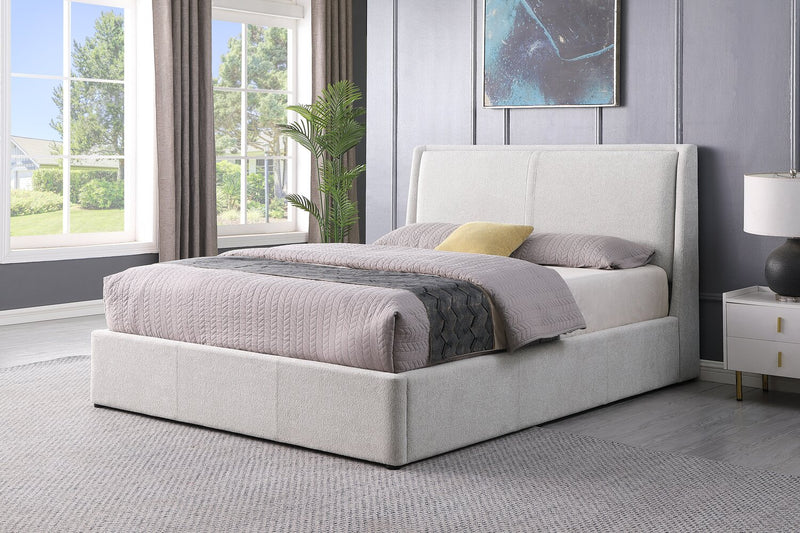 Lit plateforme rembourré Nico en tissu de polyester Taupe avec rangement et levage hydraulique - format très grand lit