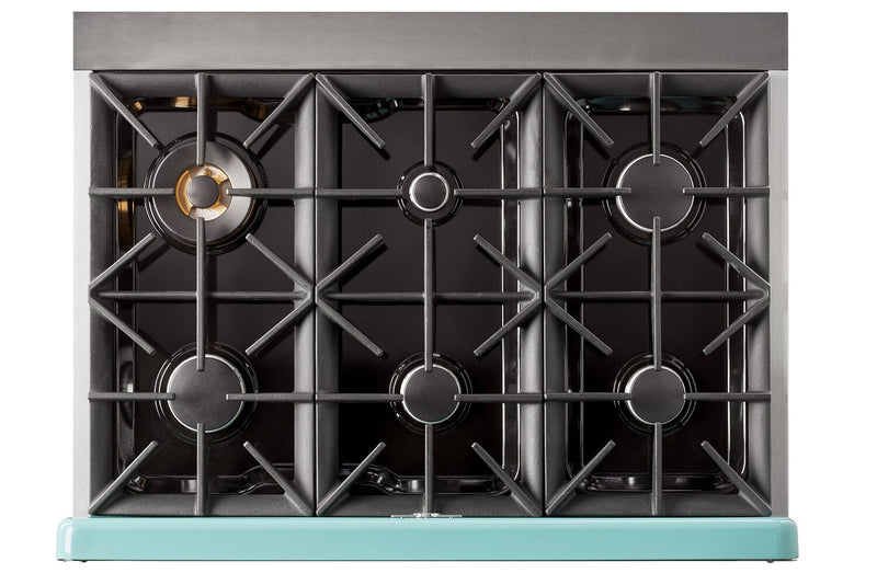 Cuisinière à gaz Classic Rétro par Unique de 36 po et de 5,2 pi3 à 6 brûleurs avec convection - turquoise brume marine - UGP-36CR T