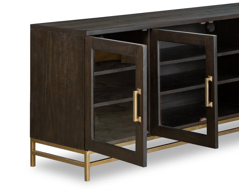 Meuble pour téléviseur moderne Cresset de 70 po en bois massif avec rangement et système de gestion des câbles pour téléviseurs jusqu’à 75 po - grain de café