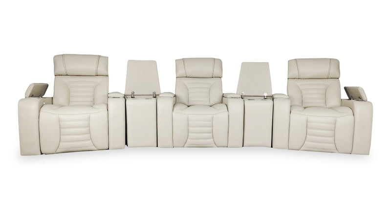 Sofa sectionnel à inclinaison électrique Zen 5 pièces de style cinéma maison en tissu d’apparence cuir avec massage et 2 consoles de rangement - abricot