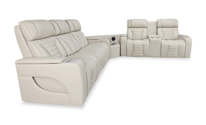 Sofa sectionnel à inclinaison électrique Zen 3 pièces en tissu d’apparence cuir avec massage, console rabattable et compartiment réfrigéré - abricot