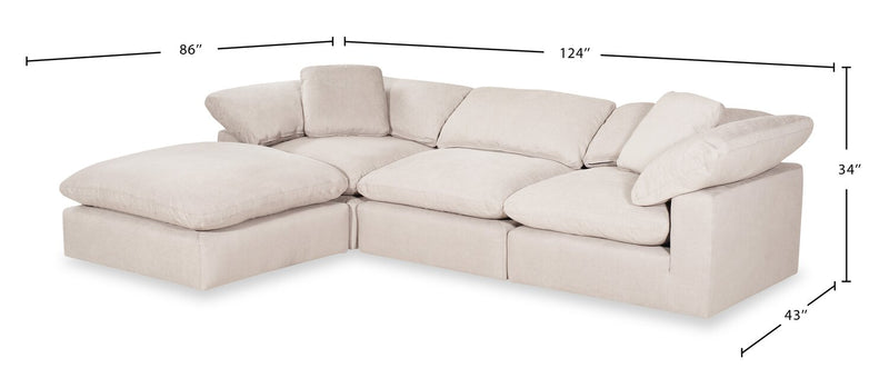 Sofa sectionnel modulaire Eclipse 4 pièces en tissu d’apparence lin avec pouf et coussins réversibles en duvet et plumes - blanc lin