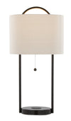 Lampe de table Orbit de 28 po en métal avec recharge sans fil et abat-jour en lin naturel – bronze huilé