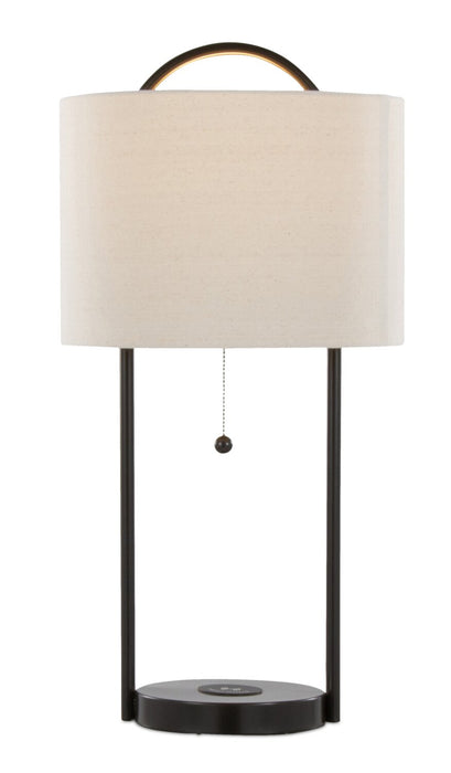 Lampe de table Orbit de 28 po en métal avec recharge sans fil et abat-jour en lin naturel – bronze huilé