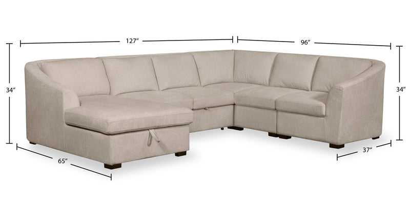 Sofa-lit sectionnel de gauche Envy 5 pièces en tissu de chenille avec fauteuil long de rangement - beige amande