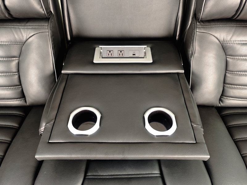 Sofa de massage à inclinaison électrique Zen de 86 po en tissu d’apparence cuir avec appuie-têtes électriques et console rabattable - noir