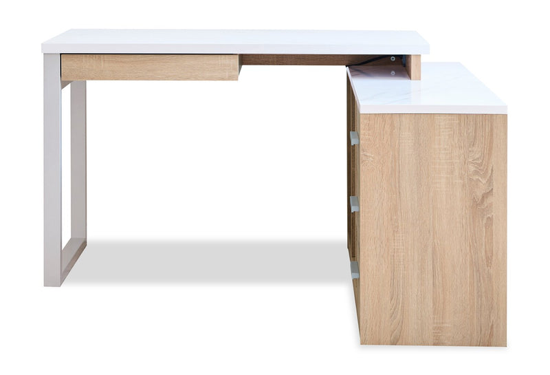 Bureau en coin réversible Owen de 55 po avec 4 tiroirs et compartiments - imitation de marbre blanc et blanc vieilli