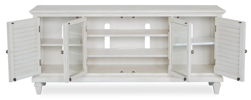 Meuble pour téléviseur rustique Baron de 72 po en pin avec rangement et système de gestion des câbles pour téléviseurs jusqu’à 80 po - albâtre