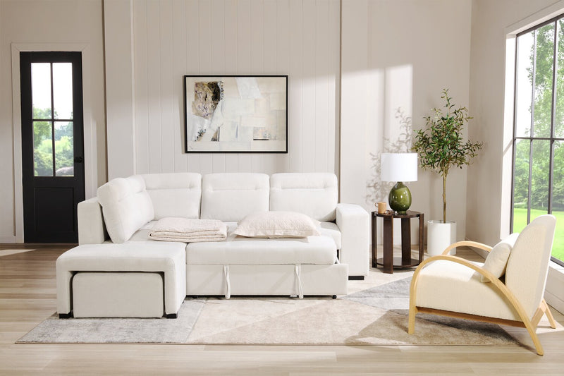 Sofa-lit sectionnel de gauche Coast 3 pièces en tissu blanc ivoire avec fauteuil long de rangement et accoudoir de rangement