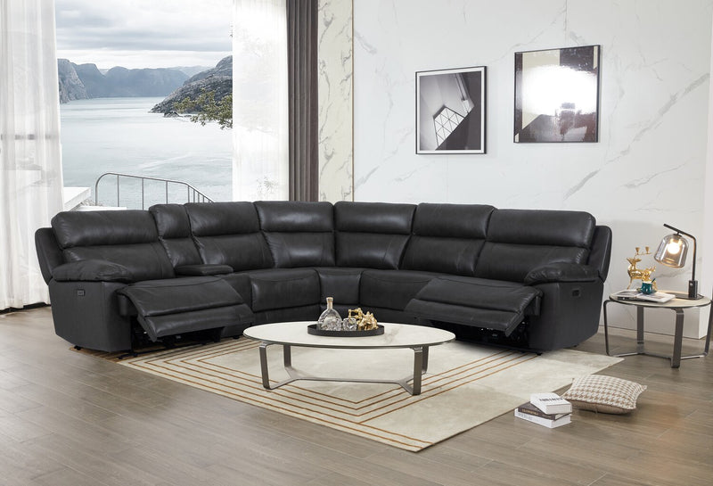 Sofa sectionnel à inclinaison électrique Sorrento 6 pièces en cuir véritable avec console de rangement et port USB - gris anthracite