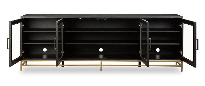 Meuble pour téléviseur moderne Cresset de 84 po en bois massif avec rangement et système de gestion des câbles pour téléviseurs jusqu’à 90 po - grain de café