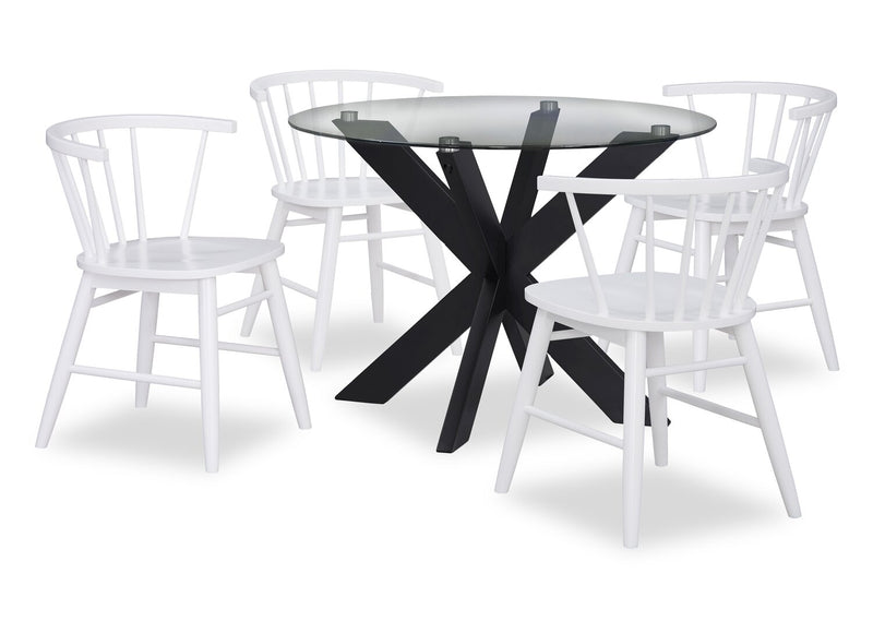 Ensemble de salle à manger Remi 5 pièces en verre et bois avec table ronde de 42 po (L) et 4 chaises à dossier à barreaux en forme de fuseau - noir et blanc