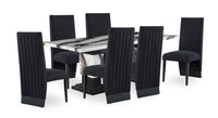  Ensemble de salle à manger Vega 7 pièces avec table de 82 po (L), imitation de marbre, base piédestal et 6 chaises - noir et blanc