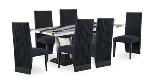 Ensemble de salle à manger Vega 7 pièces avec table de 82 po (L), imitation de marbre, base piédestal et 6 chaises - noir et blanc