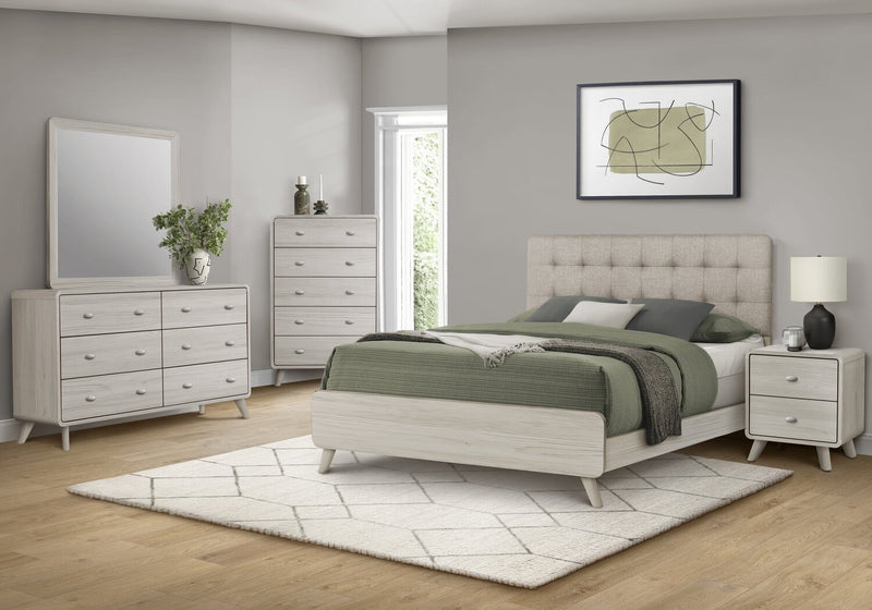 Lit à panneaux Cami en chêne gris avec tête de lit en tissu et cadre de lit - format grand lit