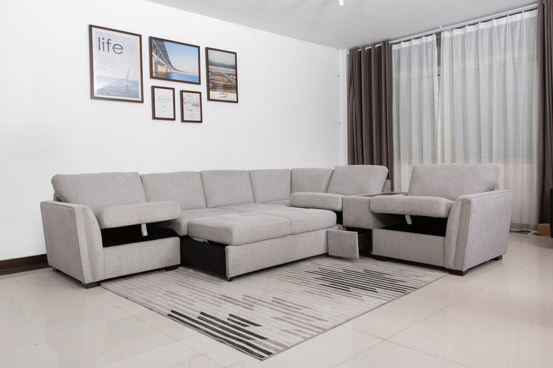 Sofa sectionnel Vault 6 pièces avec causeuse-lit et 3 fauteuils longs de rangement - gris