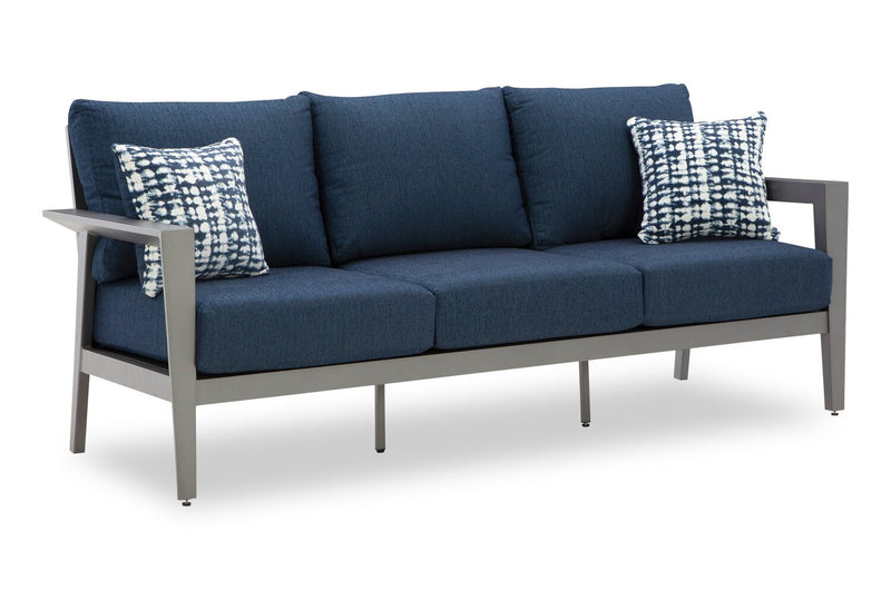 Ensemble Barrie 4 pièces pour la terrasse à l’extérieur avec sofa, 2 fauteuils et table - aluminium - bleu et gris
