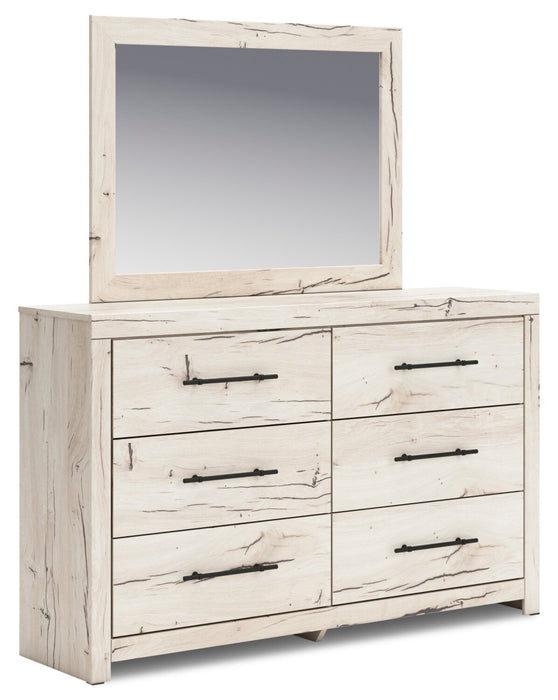 Ensemble de chambre à coucher Derekson 5 pièces blanc rustique avec lit de rangement latéral, commode et miroir - format très grand lit