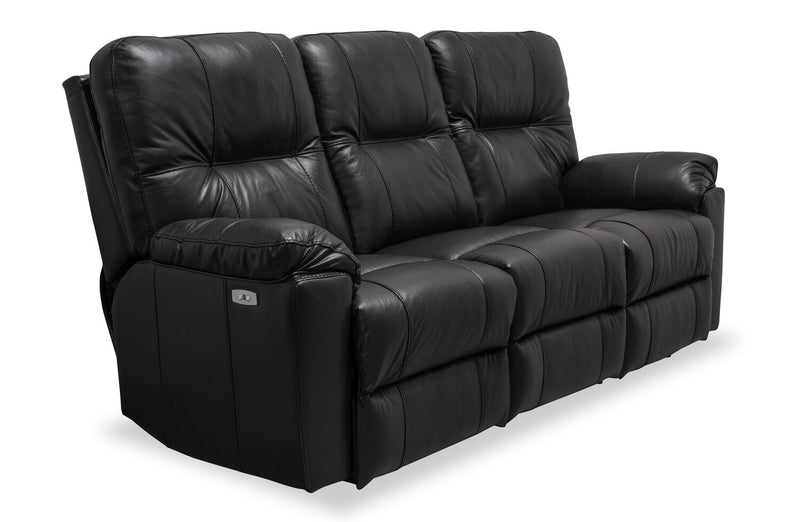 Sofa à inclinaison électrique Dawson de 87 po fabriqué au Canada en cuir véritable avec port USB et oussins décoratifs - noir