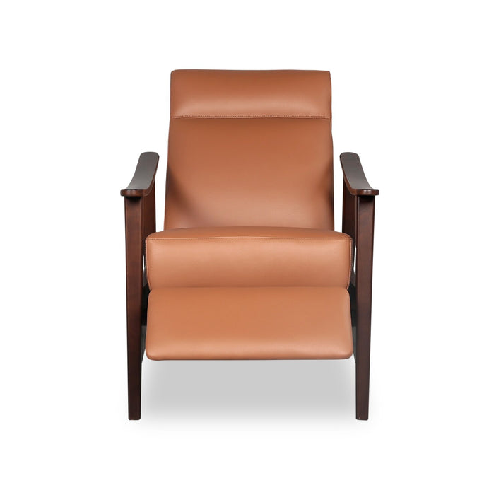 Fauteuil d’appoint à inclinaison par poussée Aydin de 27,5 po en cuir véritable avec accoudoirs et pattes en bois - orange chameau