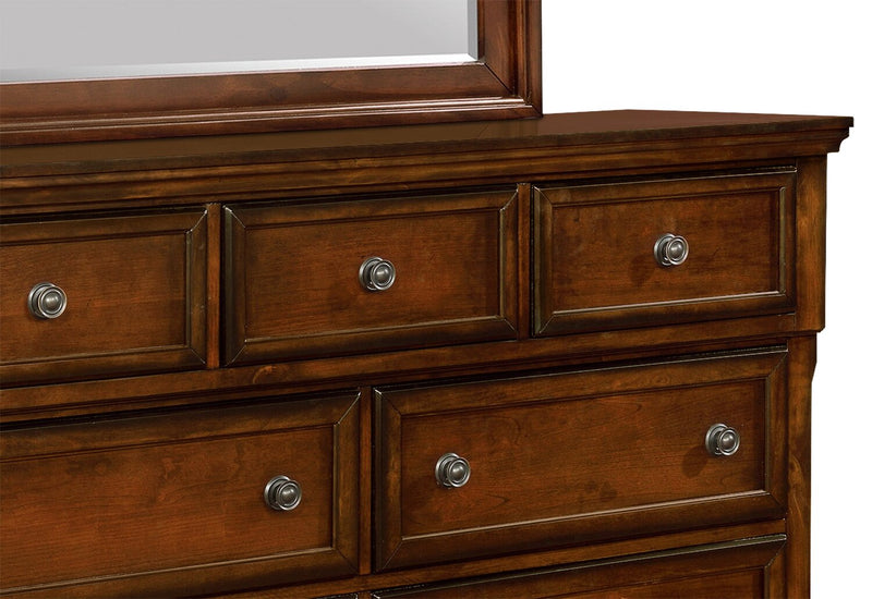 Ensemble de chambre à coucher Chelsea 5 pièces avec lit de rangement, commode et miroir, brun cerisier - format grand lit