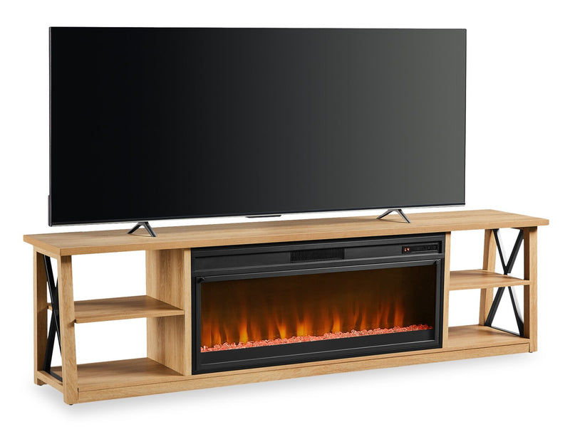 Meuble pour téléviseur Wendel de 80 po avec foyer électrique et rangement pour téléviseurs jusqu’à 85 po - chêne naturel 