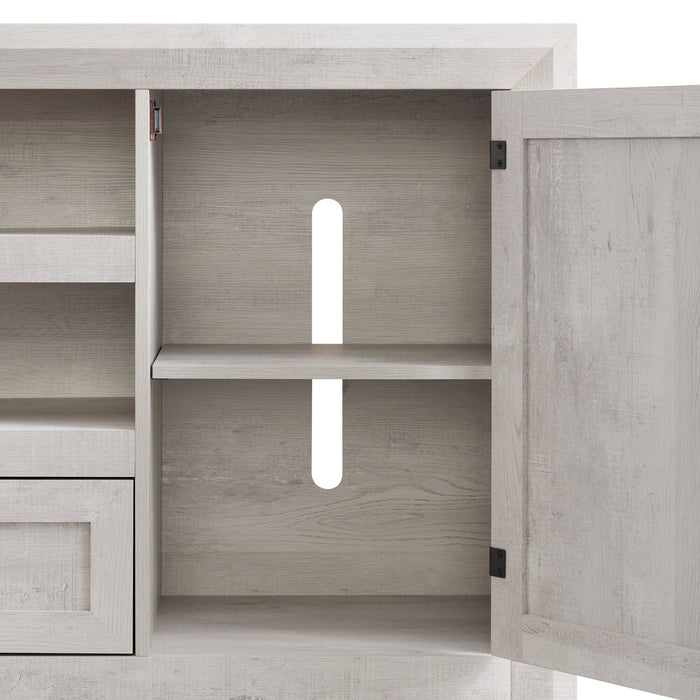 Meuble pour téléviseur moderne Scott Living Hayward de 70 po avec rangement et système de gestion des câbles pour téléviseurs jusqu’à 75 po - blanc