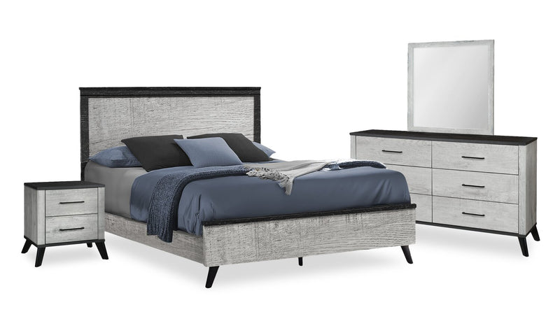 Ensemble de chambre à coucher Blake 6 pièces avec lit, commode, miroir et table de nuit, gris et noir - format grand lit