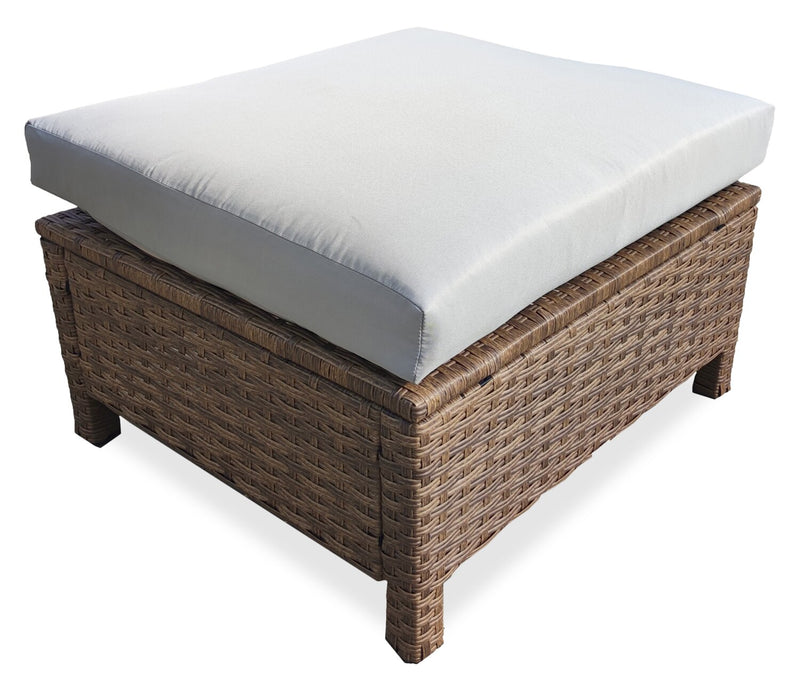 Ensemble de conversation Miami 3 pièces pour la terrasse à l’extérieur avec sofa, pouf et table à café à dessus en verre - osier en résine tressé à la main, résistant aux rayons UV et aux intempéries - brun et taupe