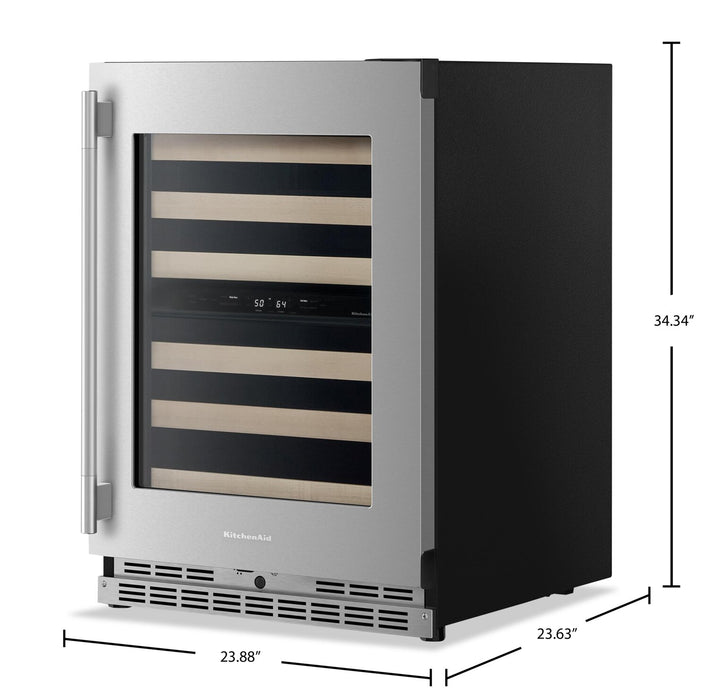Cellier à vin KitchenAid de 24 po sous le comptoir avec grilles à extension complète à devant en bois - acier inoxydable -KUWR524SPS
