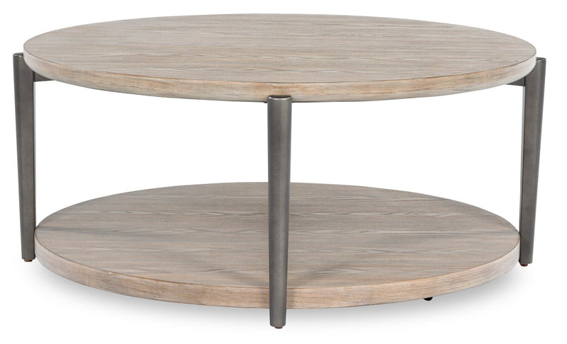 Table à café ronde moderne Lloyd de 43 po avec tablette et roulettes - gris-brun
