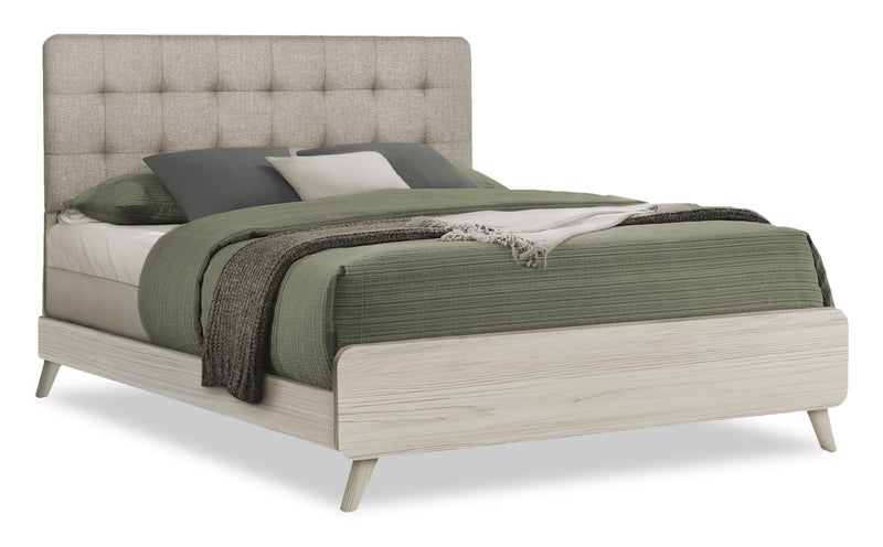 Lit à panneaux Cami en chêne gris avec tête de lit en tissu et cadre de lit - format grand lit