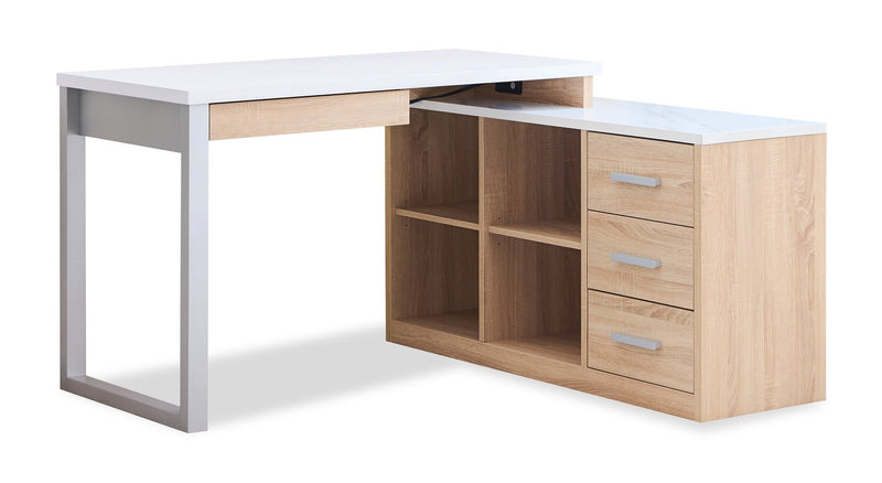 Bureau en coin réversible Owen de 55 po avec 4 tiroirs et compartiments - imitation de marbre blanc et blanc vieilli