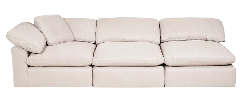 Sofa sectionnel modulaire Eclipse 6 pièces en tissu d’apparence lin avec poufs et coussins réversibles en duvet et plumes - blanc lin