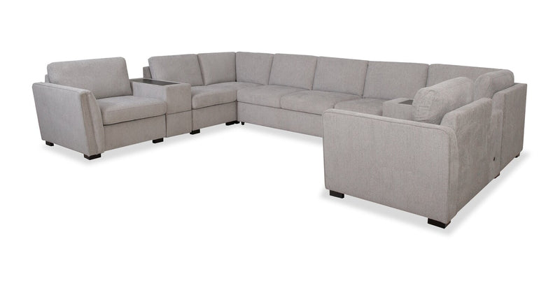 Sofa sectionnel Vault 9 pièces avec causeuse-lit, 4 fauteuils de rangement et console de rangement avec USB - gris