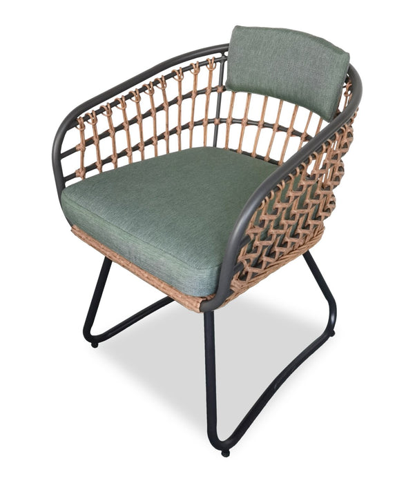 Ensemble Ibiza de Kort & Co. 5 pièces pour la terrasse à l’extérieur avec table ronde et 4 chaises - osier en résine tressé à la main, dessus de table en verre noir, résistant aux rayons UV et aux intempéries - gris foncé, naturel et vert
