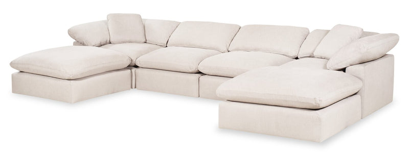 Sofa sectionnel modulaire Eclipse 6 pièces en tissu d’apparence lin avec poufs et coussins réversibles en duvet et plumes - blanc lin