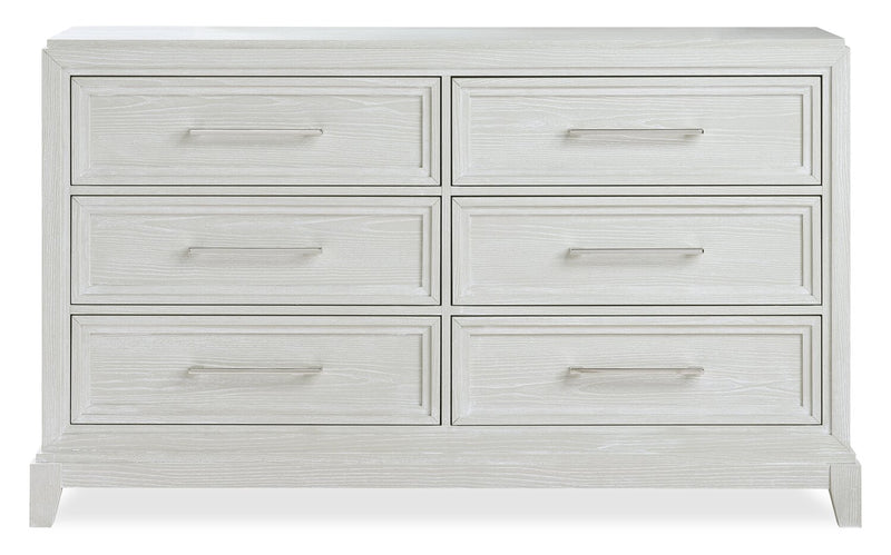 Ensemble de chambre à coucher Vida 5 pièces sable avec lit à panneaux, commode et miroir - format grand lit