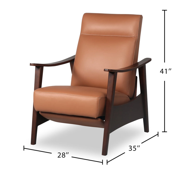 Fauteuil d’appoint à inclinaison par poussée Aydin de 27,5 po en cuir véritable avec accoudoirs et pattes en bois - orange chameau