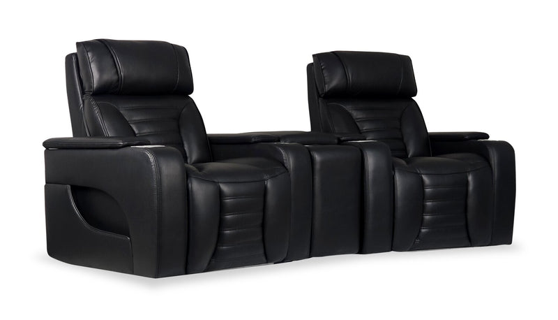 Sofa sectionnel à inclinaison électrique Zen 3 pièces de style cinéma maison en tissu d’apparence cuir avec massage et console de rangement - noir