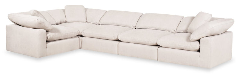 Sofa sectionnel modulaire Eclipse 5 pièces en tissu d’apparence lin avec coussins réversibles en duvet et plumes - blanc lin