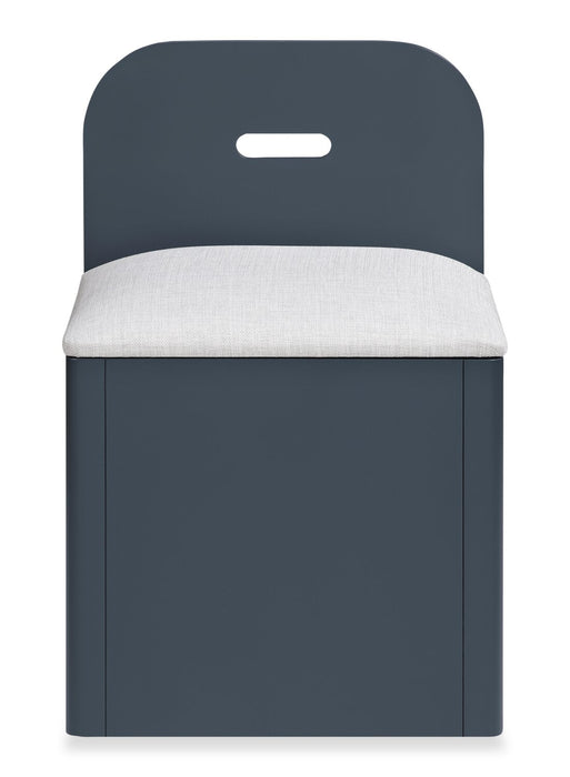 Lit plateforme Quinn avec tête de lit bibliothèque, bureau intégré et tabouret, bleu - format lit simple