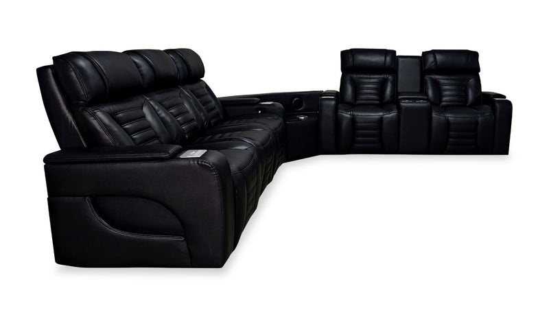 Sofa sectionnel à inclinaison électrique Zen 3 pièces en tissu d’apparence cuir avec massage, console rabattable et compartiment réfrigéré - noir