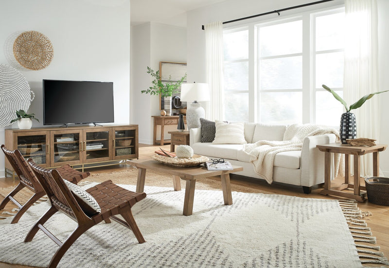 Meuble pour téléviseur moderne Cresset de 84 po en bois massif avec rangement et système de gestion des câbles pour téléviseurs jusqu’à 90 po - blé belge